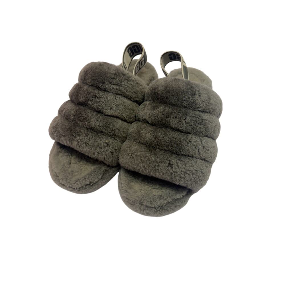 UGG FLUFF YEAH GENUINE SHEARING SLINGBACK SANDALS SLIPPERS CHARCOAL SIZE 7